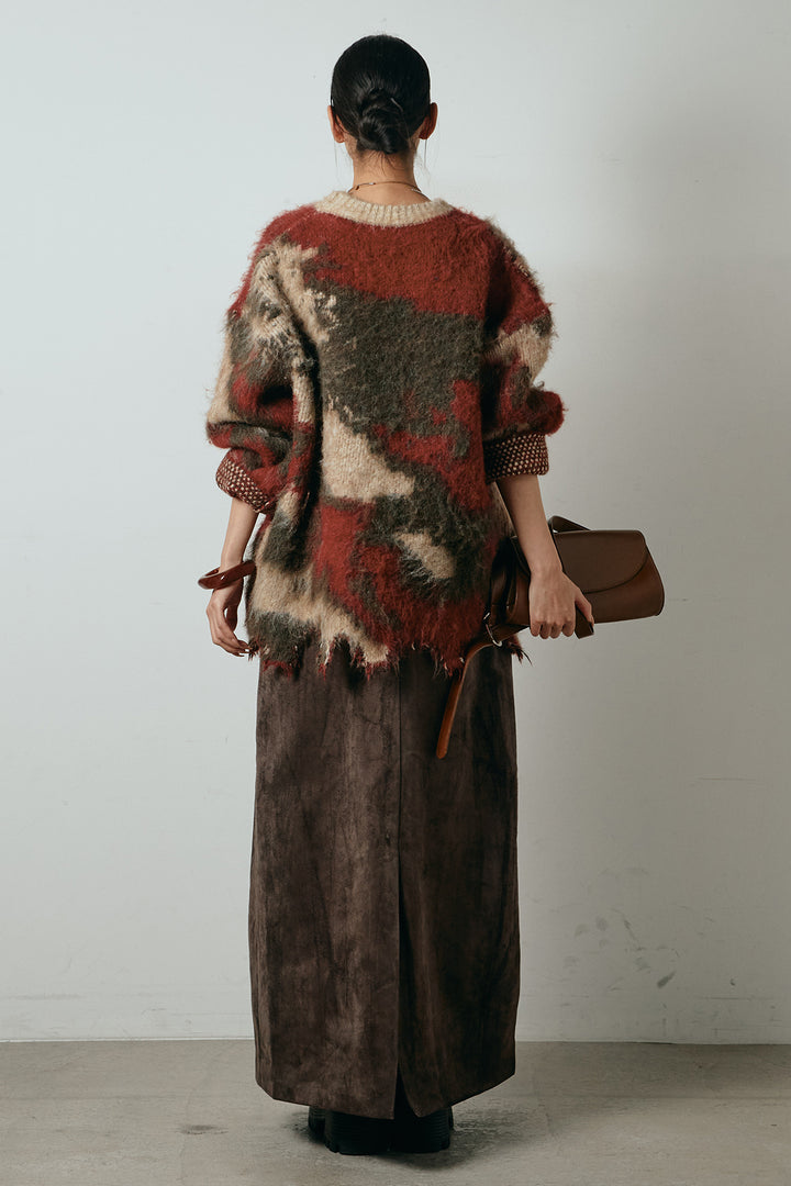 [SET]起毛裾デザインニュアンス柄ニットトップス+エコスウェードワイドスカート(2set)