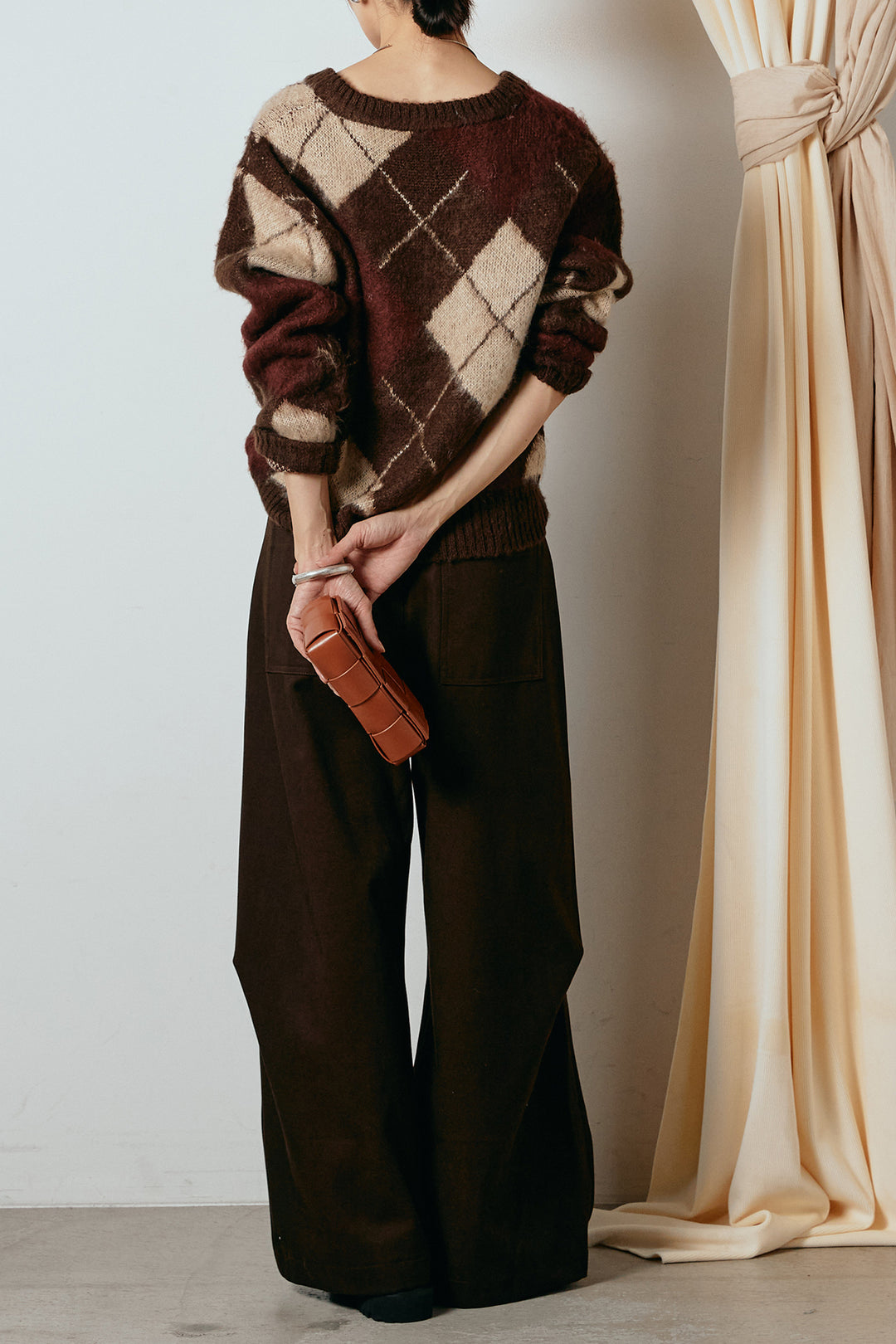 [SET]アクリルモヘアアーガイルVネックプルオーバー+太ベルト付きタックデザインワイドパンツ(2set)