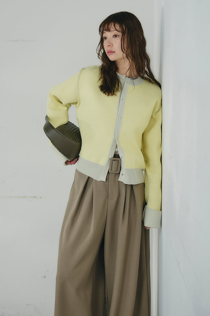 [SET]リバーシブル配色ニットカーディガン+ベルト付きツータックワイドパンツ(2set)