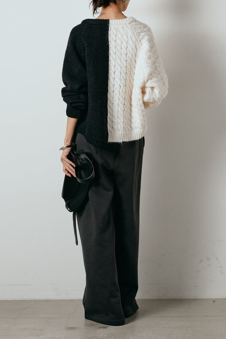 [SET]ハーフジップニットデニムドッキングトップス+裏起毛スウェットワイドパンツ(2set)