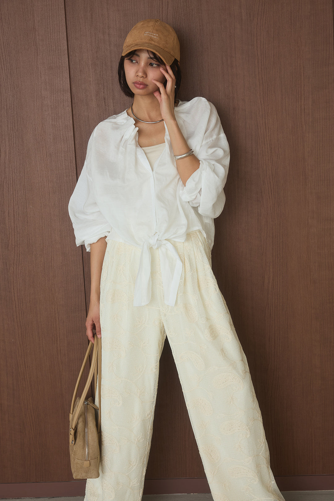 [SET]ギャザーネックブラウス+レースタックストレートワイドパンツ(2set)