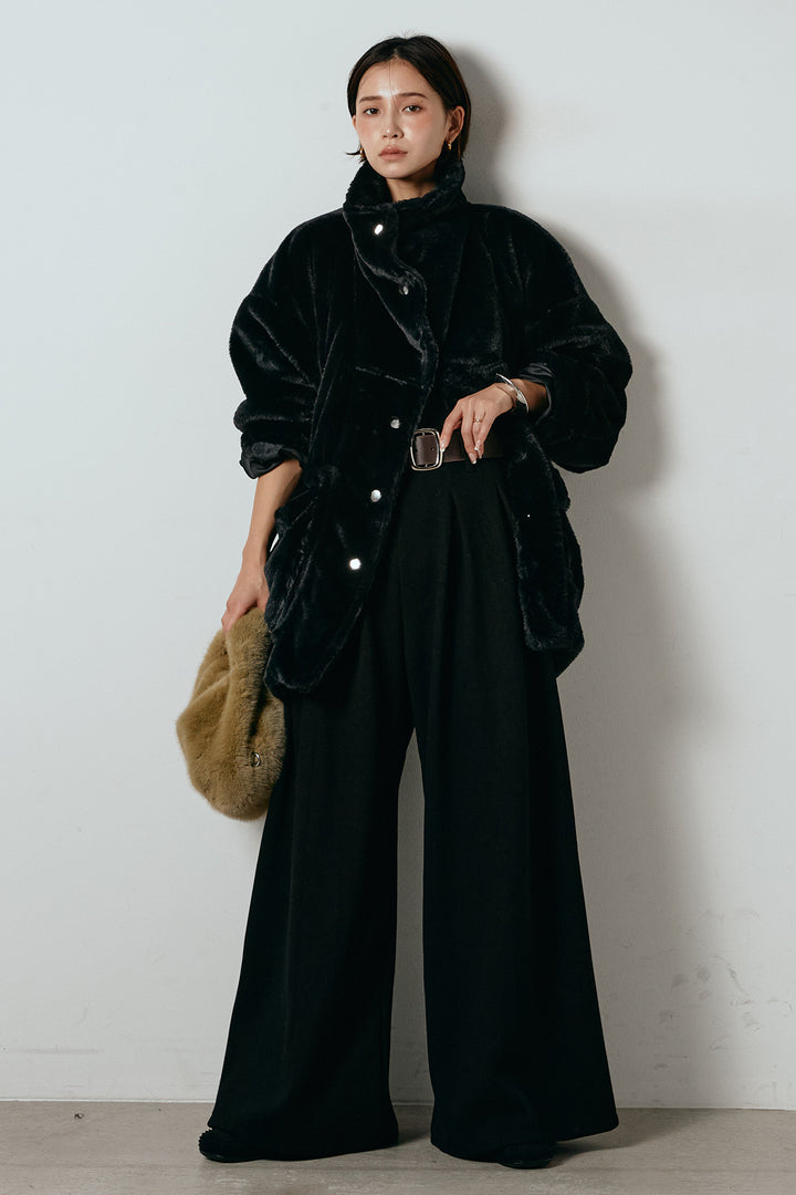 [SET]スタンドネックファーコート+フェイクレザー太ベルト付きタックワイドパンツ(2set)