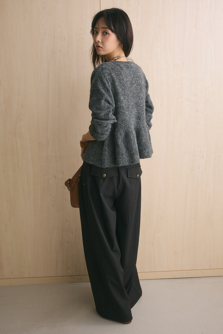 [SET]モヘアぺプラムクルーネックプルオーバー+ファイブボタンツータックワイドパンツ(2set)