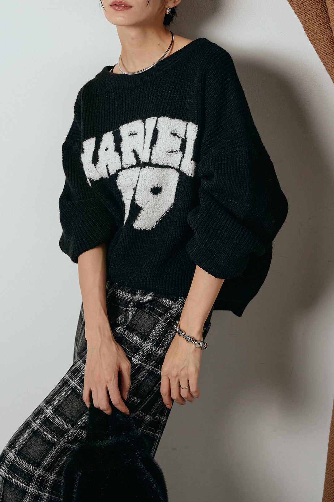 [SET]ロゴジャガードニットトップス+ルーズタータンチェックワイドパンツ(2set)