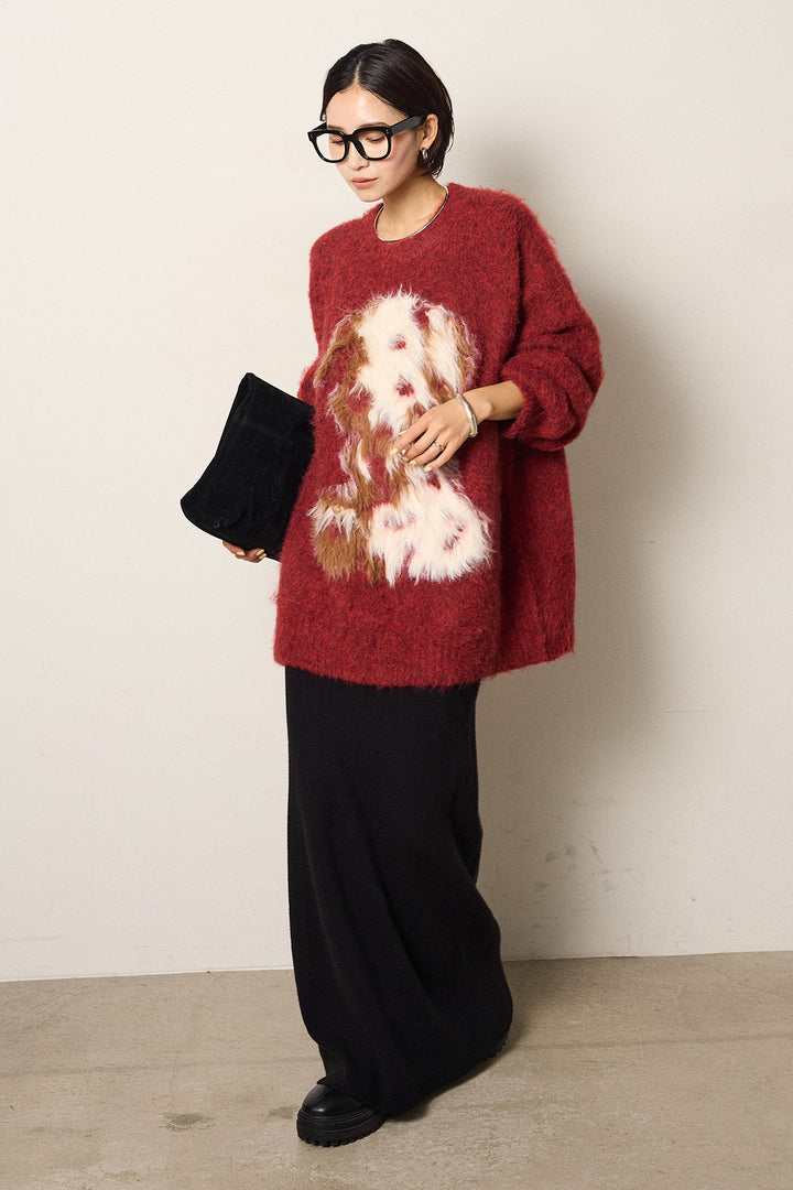 [SET]シャギーニュアンスアニマルニット+リブナローニットスカート(2set)