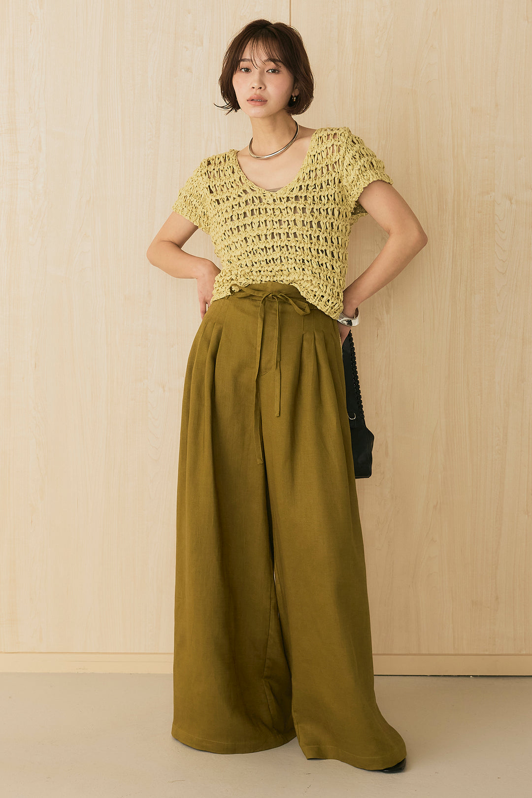 [SET]クラフト透かし編みフレンチニット+紐付き麻混パンツ(2set)