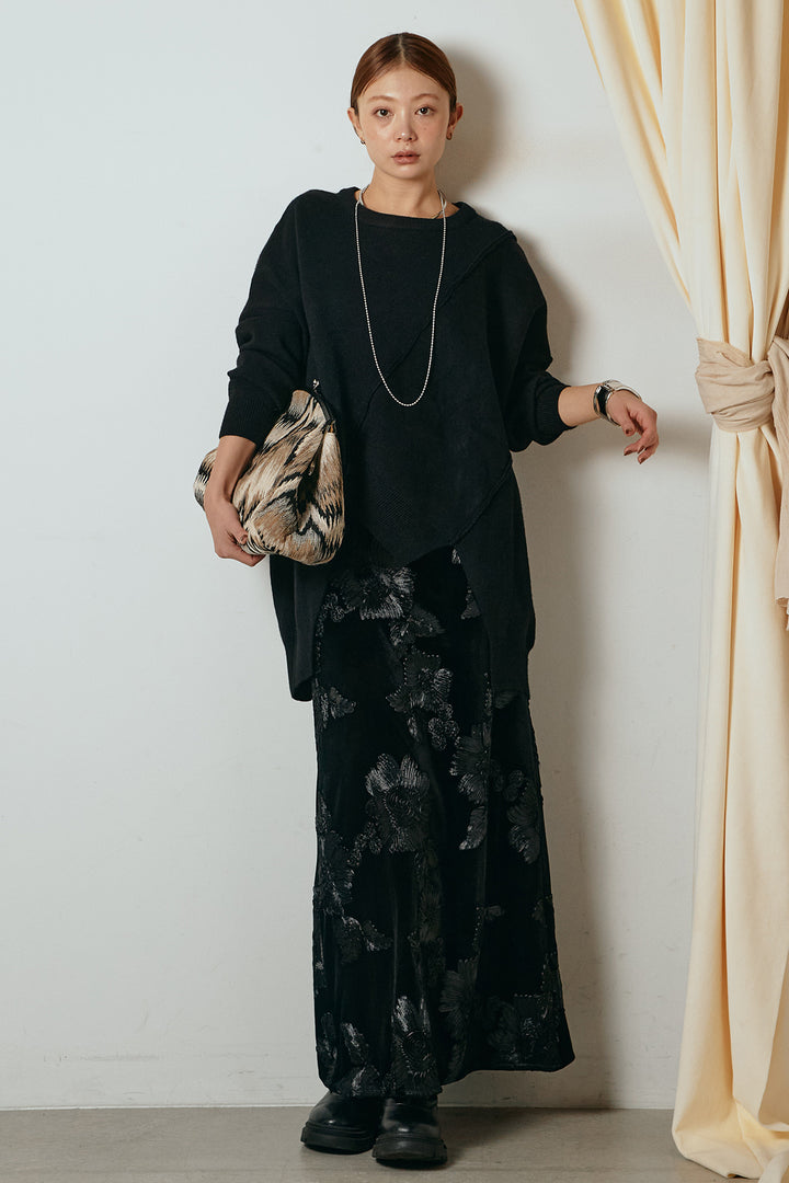 [SET]アシンメトリーデザインニットトップス+フラワー刺繍ワイドスカート(2set)