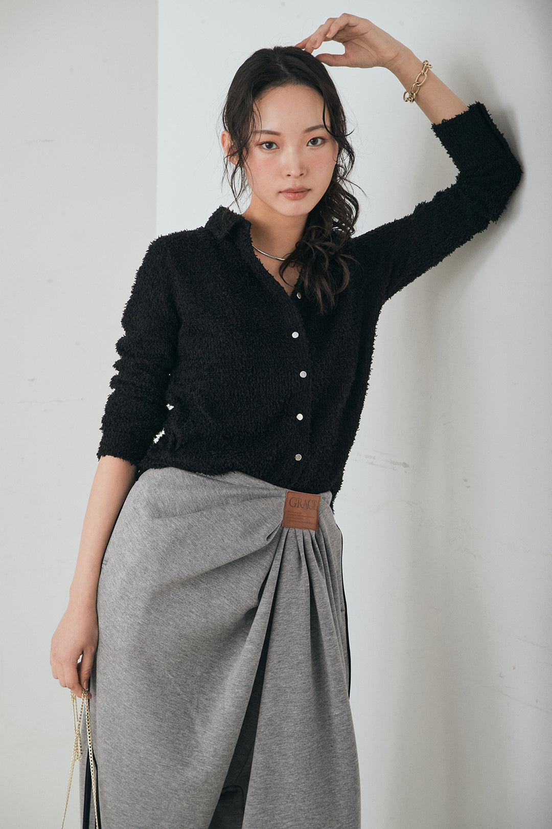 [SET]カールヤーンシャツ+ライトダンボールウェーブラインドレープパンツ(2set)