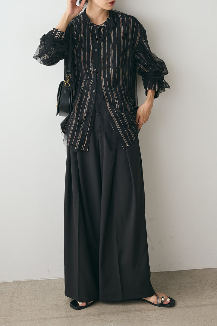 [SET]バンドカラー手書き風ライン柄シャツ+バンドカラー重ねシアーシャツ+フェイクレザーベルトセンタータックパンツ(3set)