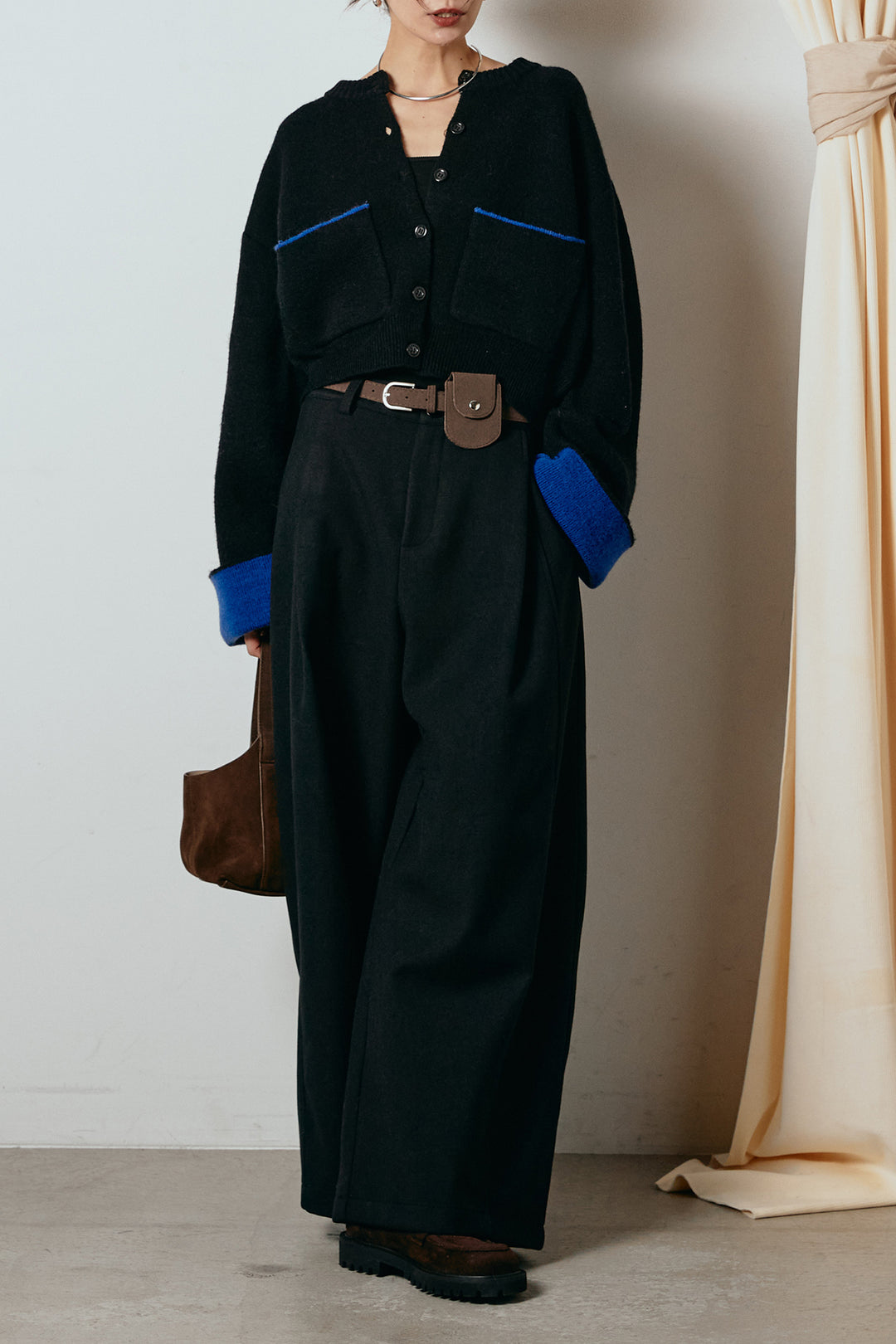 [SET]アルパカタッチダブルフェイスカーディガン+ポーチベルト付きカーブパンツ(2set)