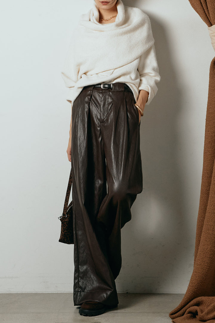 [SET]ネック巻きデザインニットトップス+ベルト付きレザーライクタックパンツ(2set)