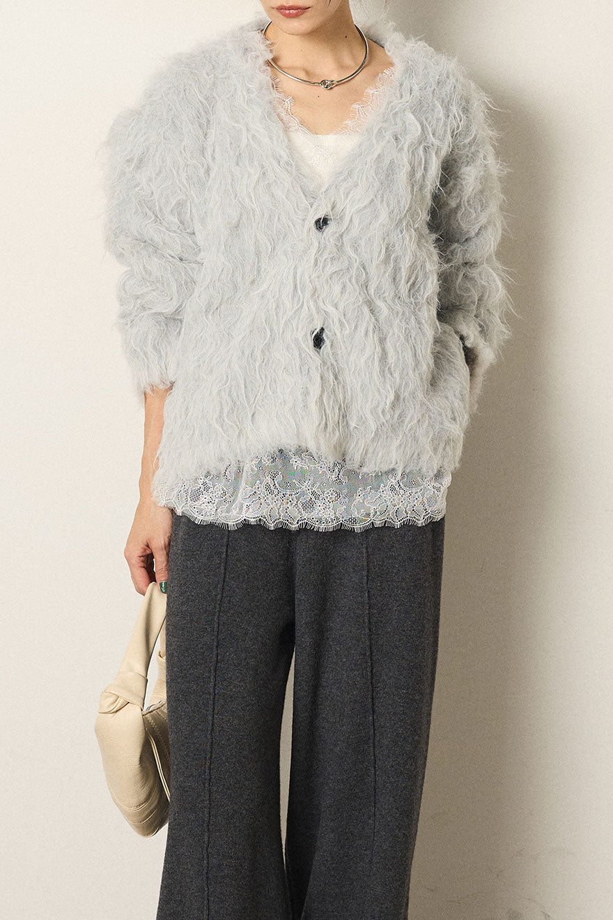 [SET]起毛シャギーニットカーディガン+レース切り替えキャミソール(2set)