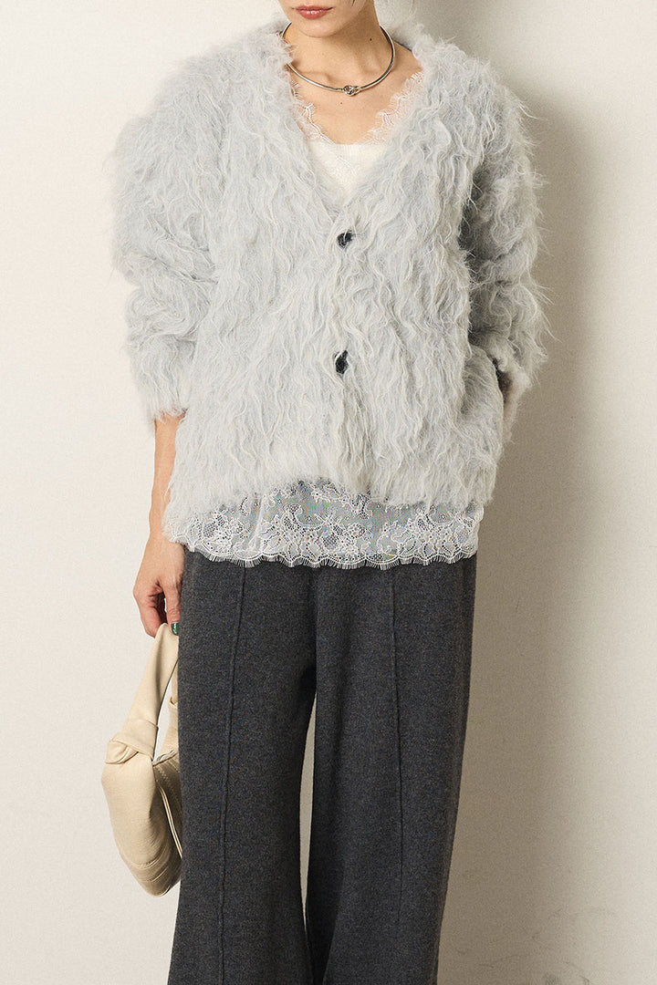 [SET]起毛シャギーニットカーディガン+レース切り替えキャミソール(2set)