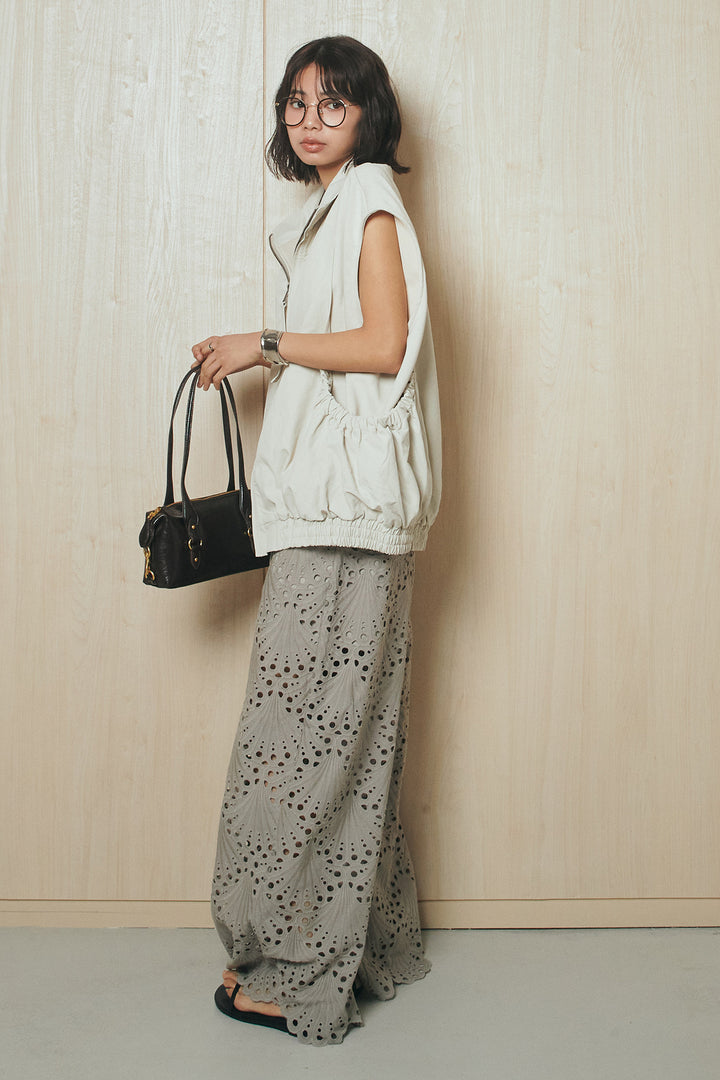 [SET]ショルダー切替スタンドネックジップベスト+レース刺繍リラックスパンツ(2set)