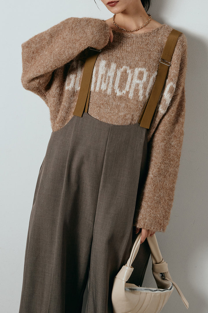 [SET]フロントロゴデザインニットトップス+ワイドツイルサロペット(2set)