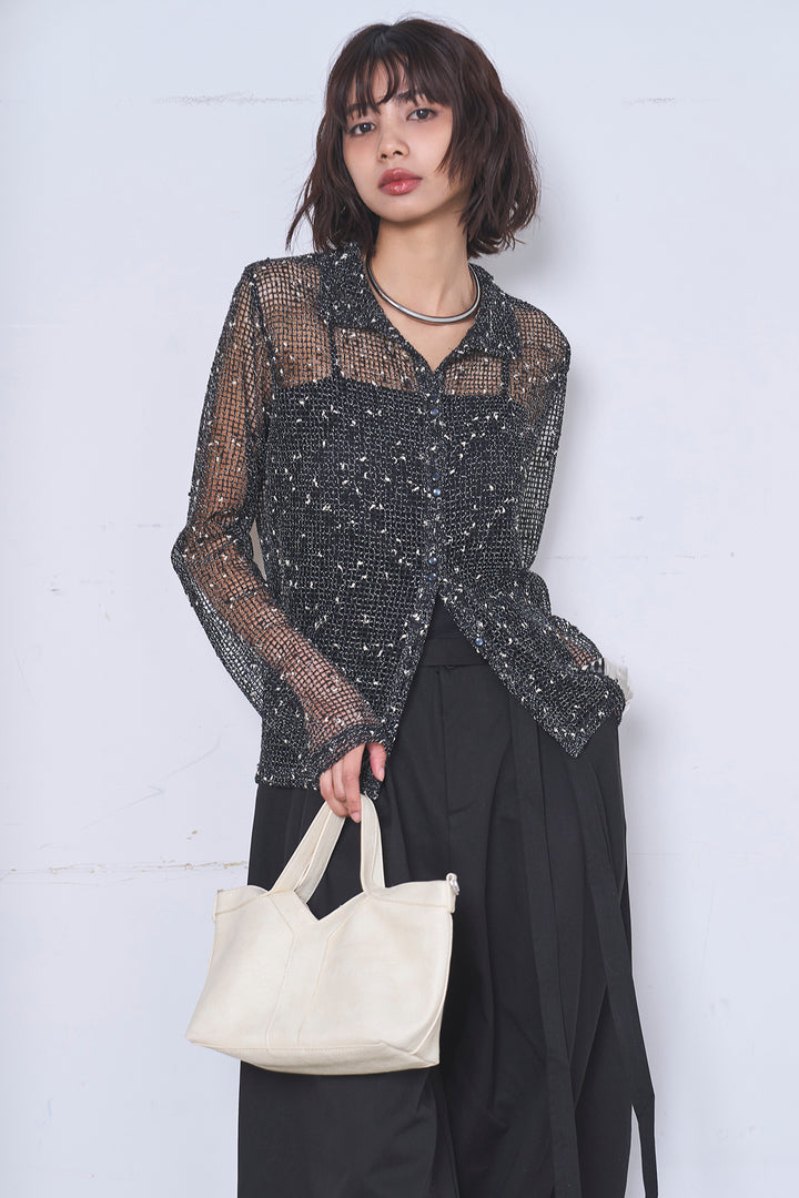 [SET]ネップメッシュポロ襟カーディガン+紐ベルト付きカーブワイドパンツ(2set)