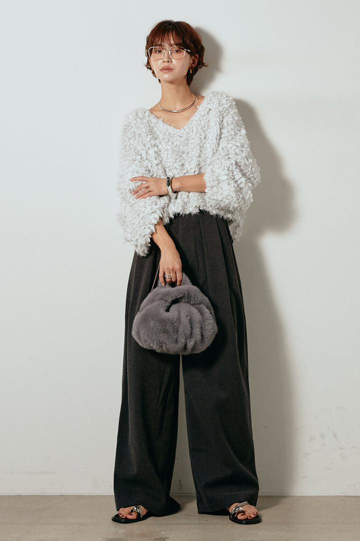 [SET]深Vネックチョウチョヤーンニットトップス+細フェイクレザーベルト付きワイドタックパンツ(2set)