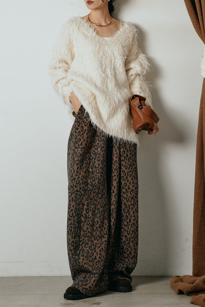 [SET]深Vネックシャギーニットトップス+リラックスレオパード柄ワイドパンツ(2set)