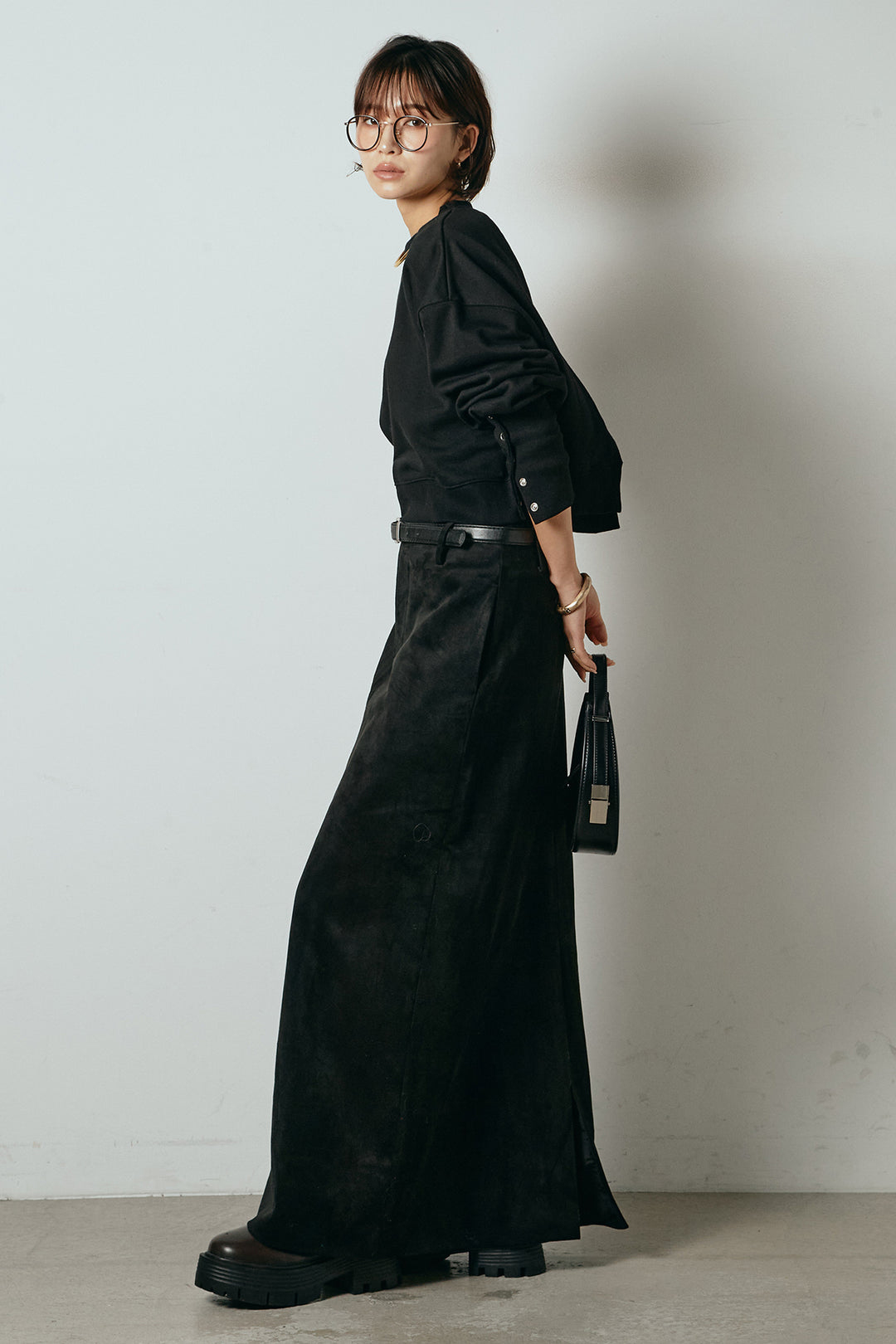 [SET]裏毛バックオープンプルオーバー+エコスウェードワイドスカート(2set)