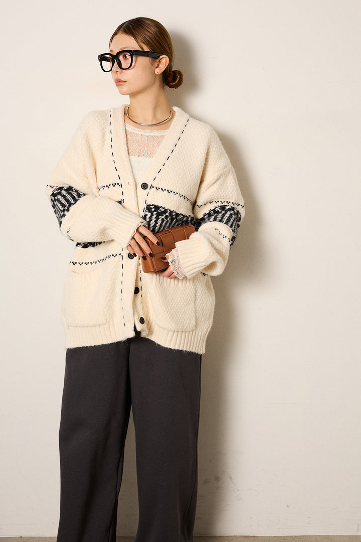 [SET]ライン柄ステッチニットカーディガン+裏起毛スウェットワイドパンツ(2set)