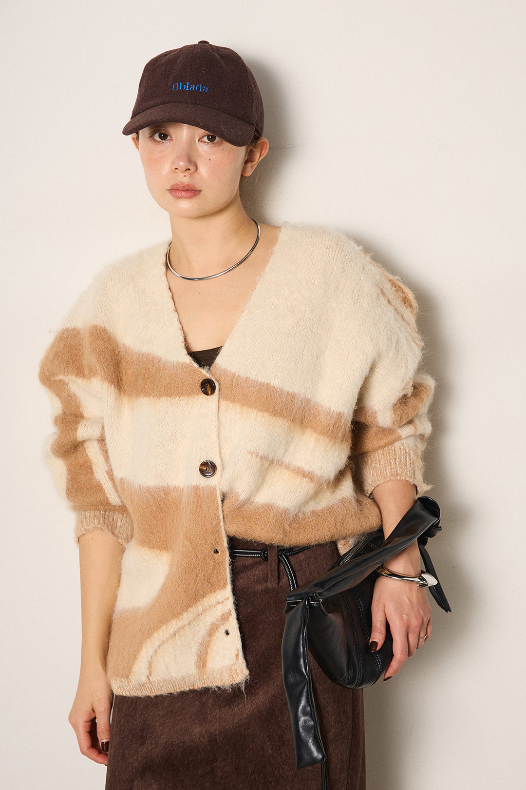 [SET]アクセントブラッシュドカーディガン+ロープベルト付きスウェード調スカート(2set)