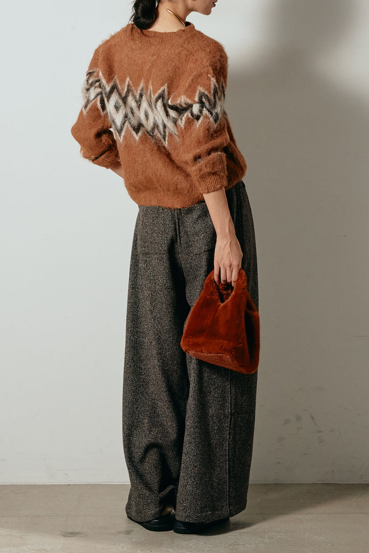 [SET]起毛ノルディック柄ニットカーディガン+太ベルト付きツイードワイドパンツ(2set)