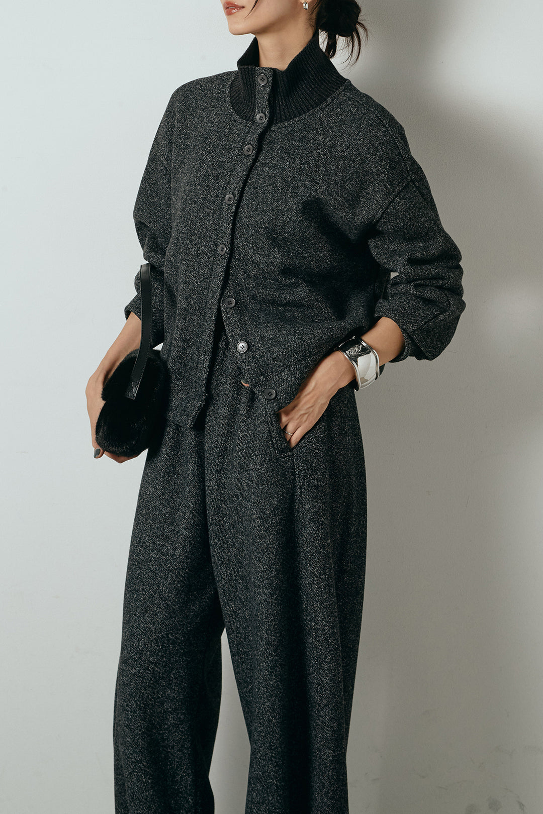 [SET]リブスタンドネックボタントップスSETUP