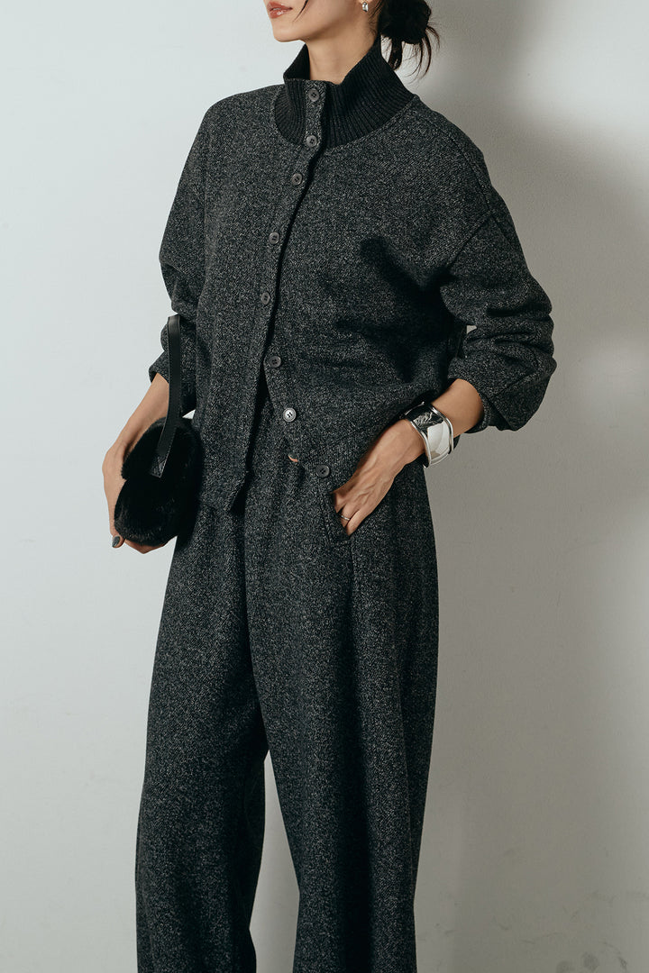 [SET]リブスタンドネックボタントップスSETUP