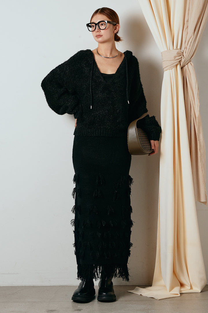 [SET]ブークレキーネックプルオーバー+ポイントフリンジニットナロースカート(2set)