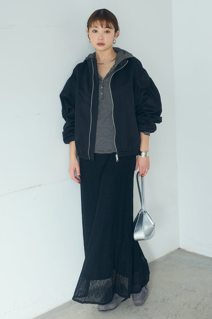 [SET]マルチ切り替えドルマンブルゾン+メッシュ刺繍ロングスカート+ボーダーフーディーロンT(3set)