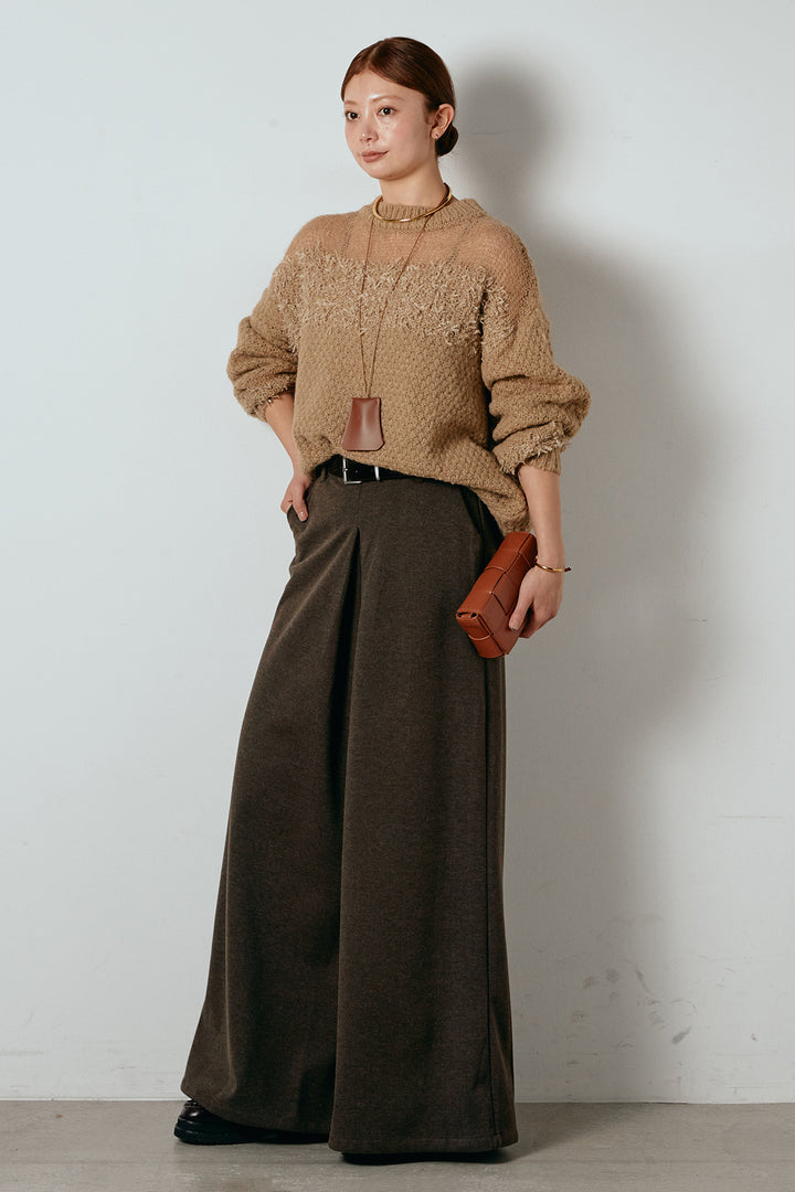 [SET]パターンランダム編みニットトップス+ベルト付きフロントタックデザインパンツ(2set)