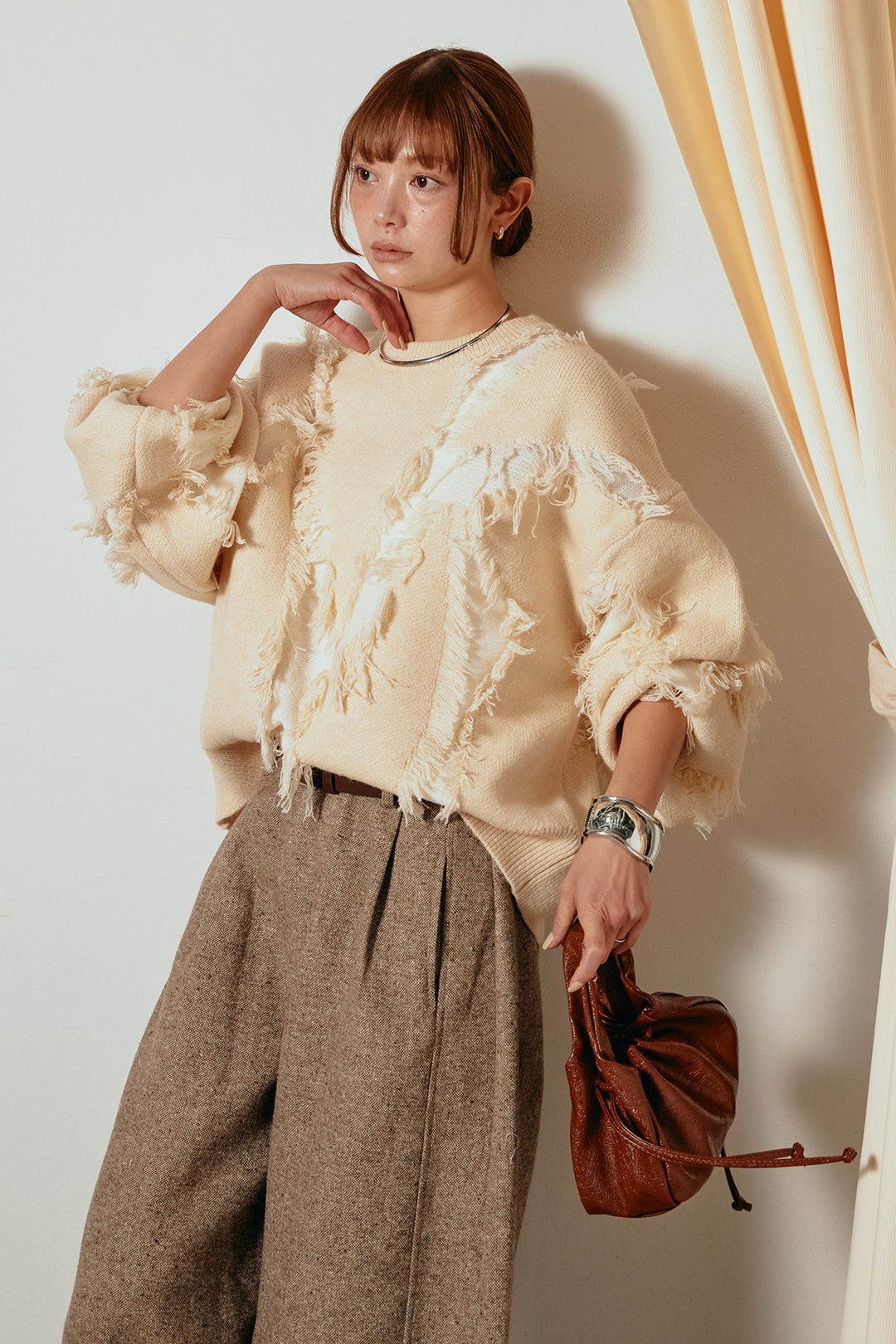 [SET]シャギージャガードニットトップス+ベルト付きネップツイードカーブパンツ(2set)