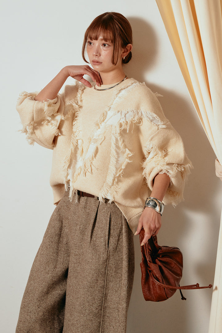 [SET]シャギージャガードニットトップス+ベルト付きネップツイードカーブパンツ(2set)