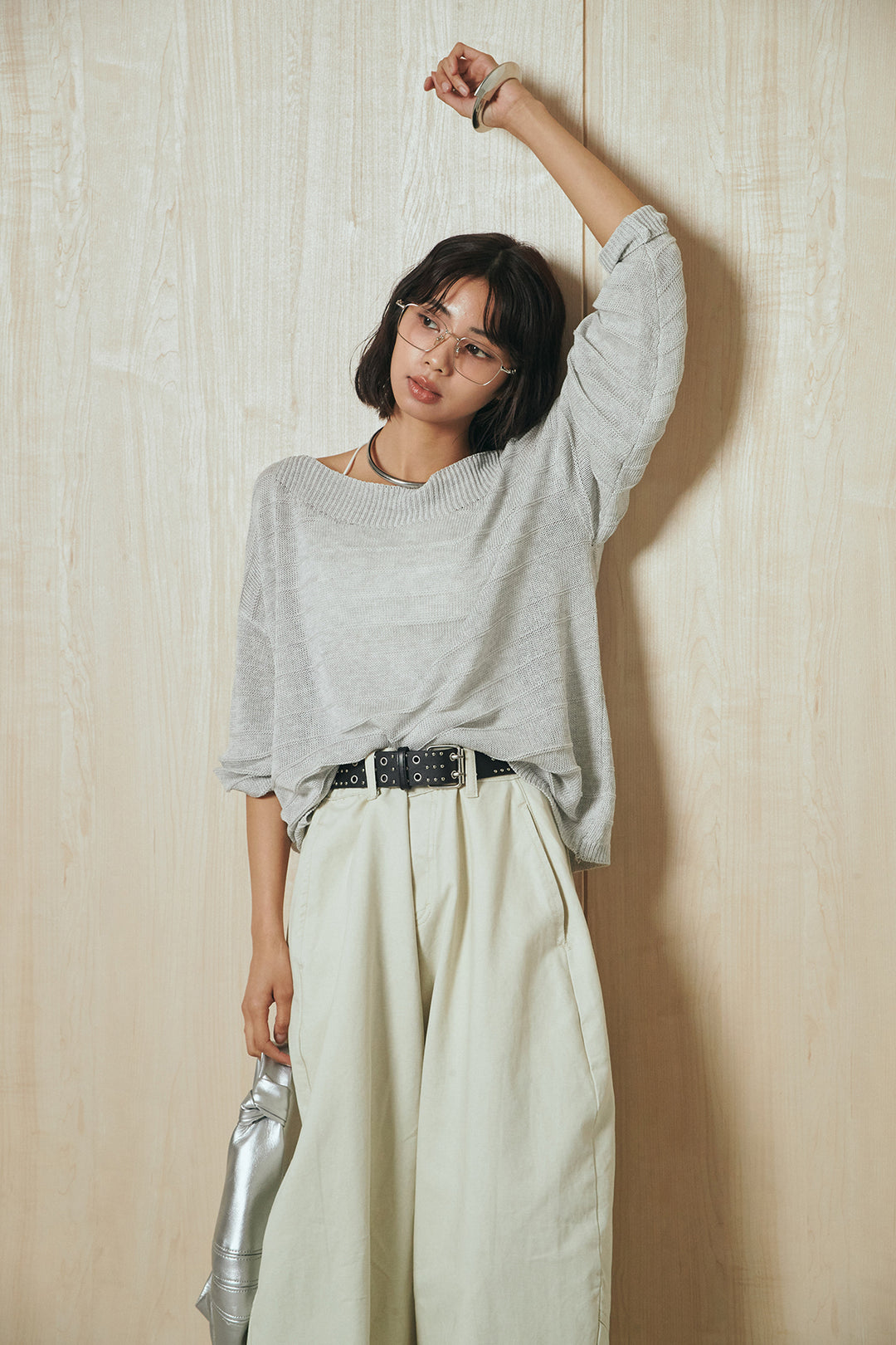 [SET]麻混リラックスニットトップス+ベルト付きカラーデニムパンツ(2set)