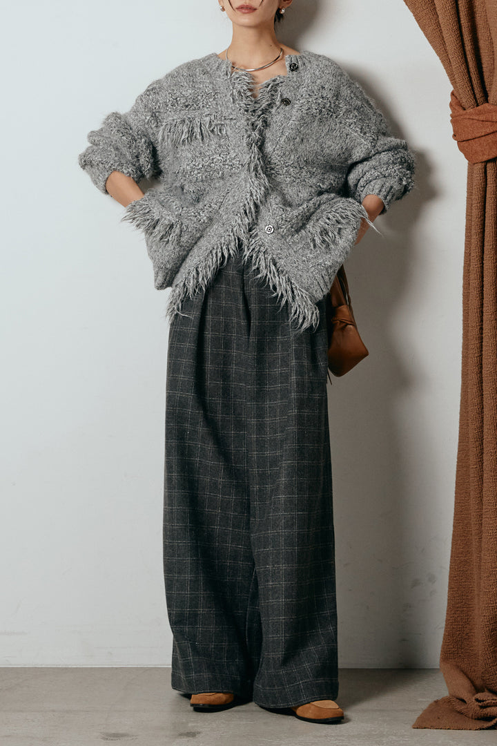 [SET]フリンジニットカーディガン+ウールライクチェックタックパンツ(2set)