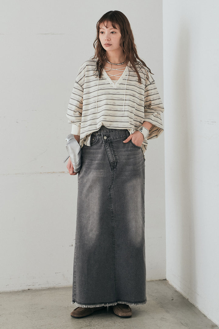 [SET]レースアップワッフルボーダートップス+ウエストクロスデニムタイトスカート(2set)