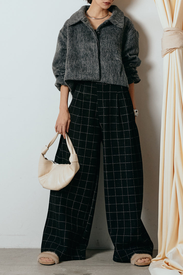 [SET]シャギーショートジャケット+スクエアチェック柄ワイドパンツ(2set)