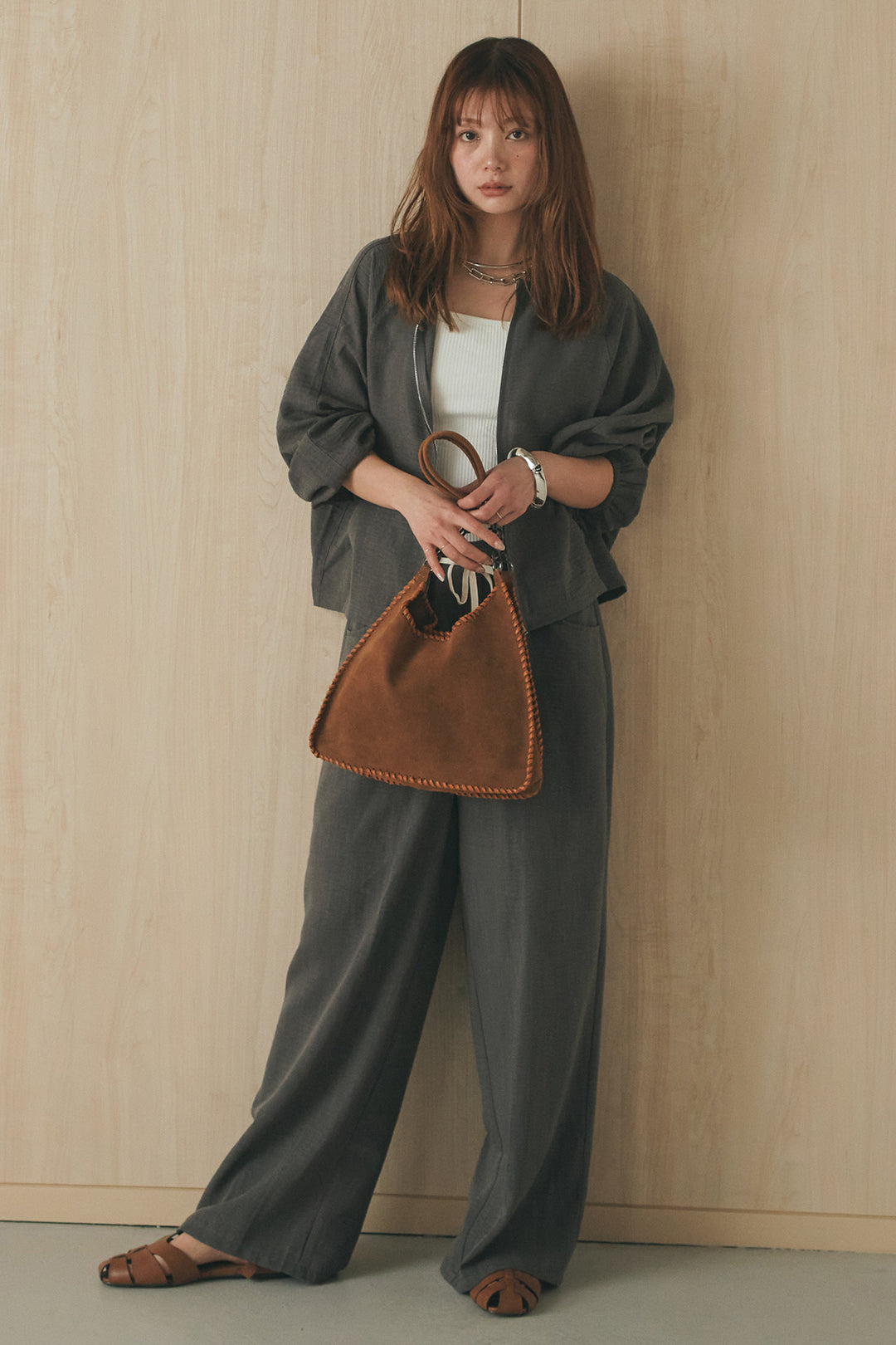 [SET]麻混ノーカラーブルゾン+麻混ウエストドロストパンツ(2set)