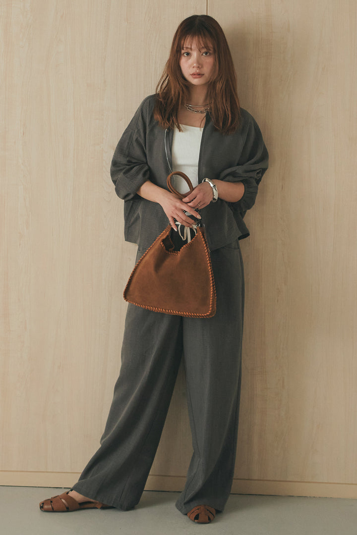 [SET]麻混ノーカラーブルゾン+麻混ウエストドロストパンツ(2set)