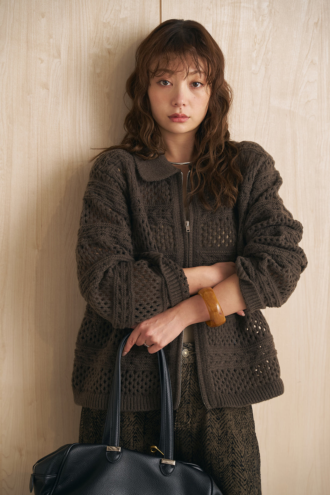 [SET]ジャガードZIPニットカーディガン+ヘリンボーン調カーブワイドパンツ(2set)