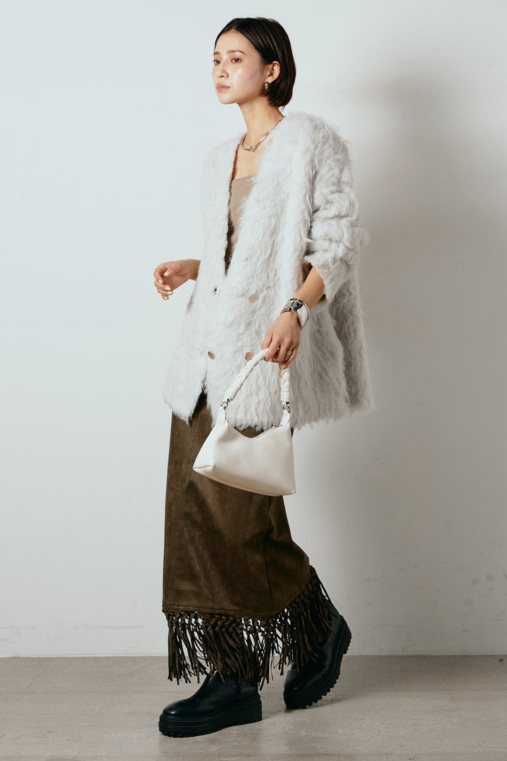 [SET]ウェーブシャギーニットジャケット+スウェードライク裾フリンジスカート(2set)