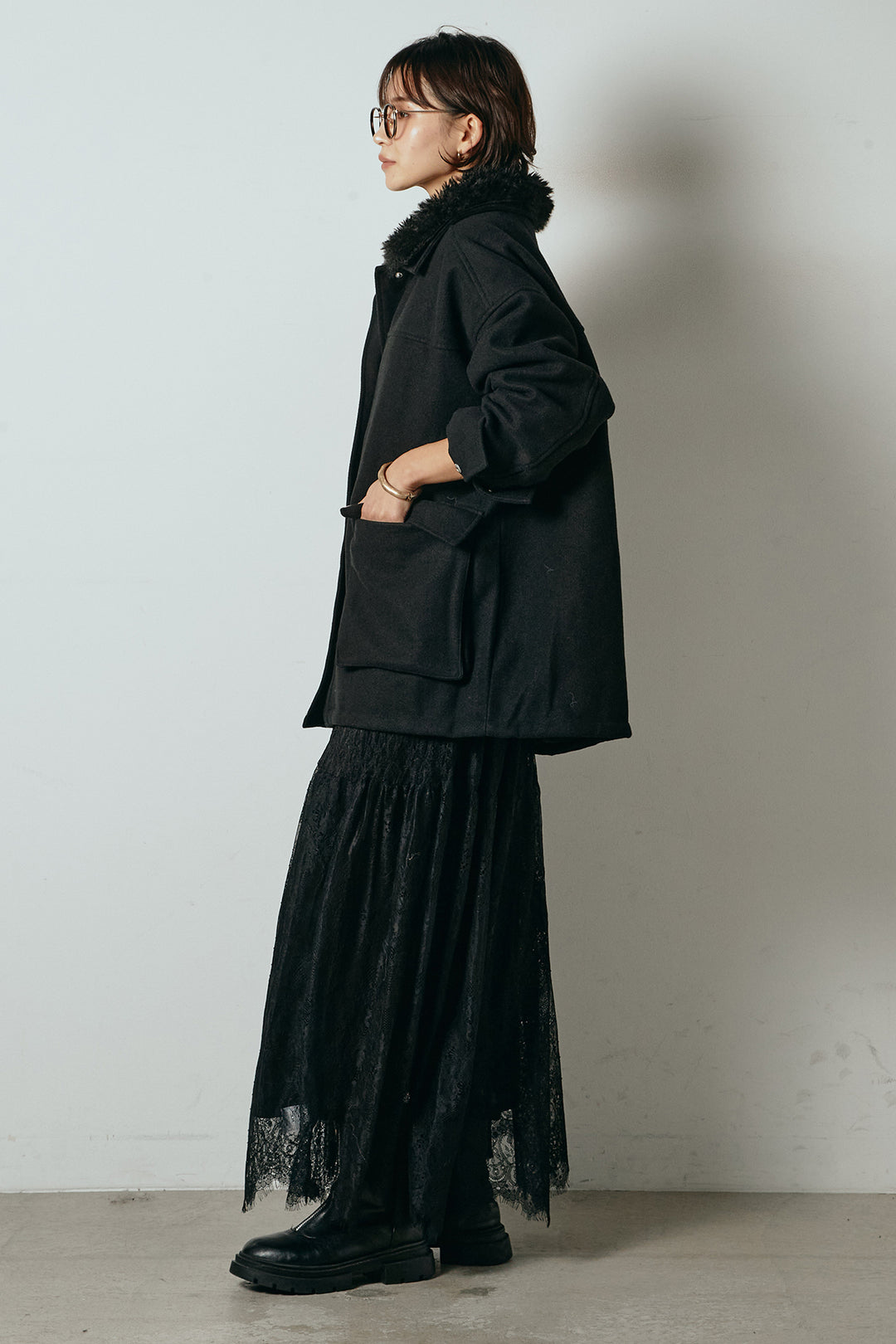 [SET]エコウール衿ファー薄中綿入りミドルカバーオール+ひげレース切替ロング丈スカート(2set)