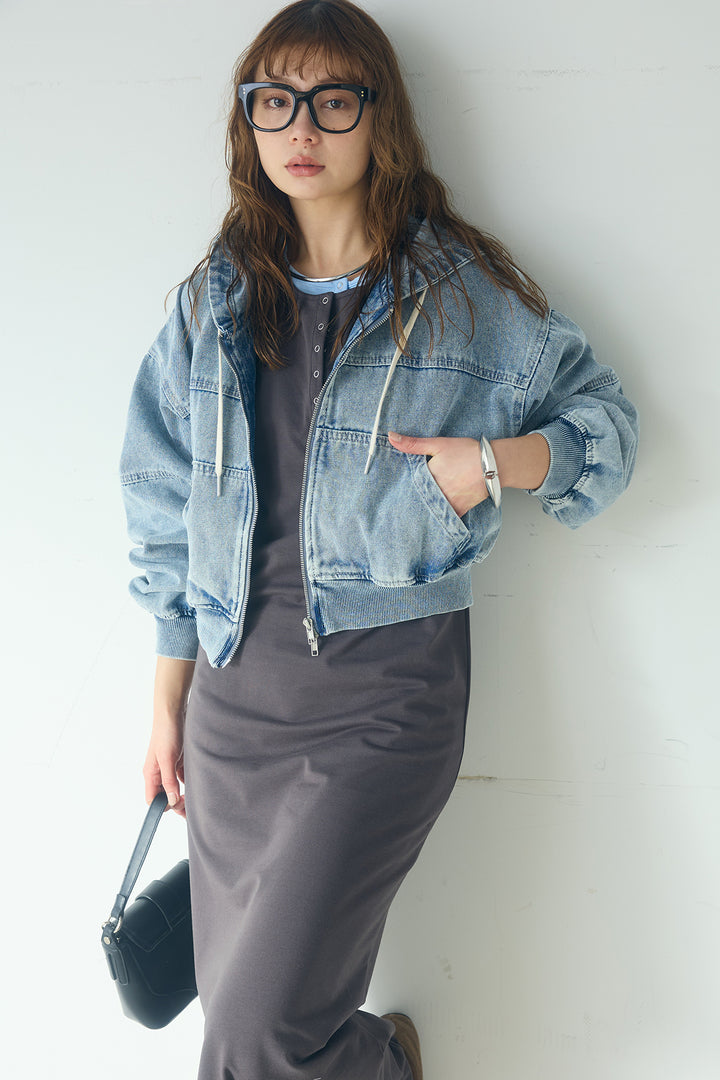 [SET]デニムダブルジップパーカーブルゾン+レイヤード見えヘンリーネックロングワンピース(2set)