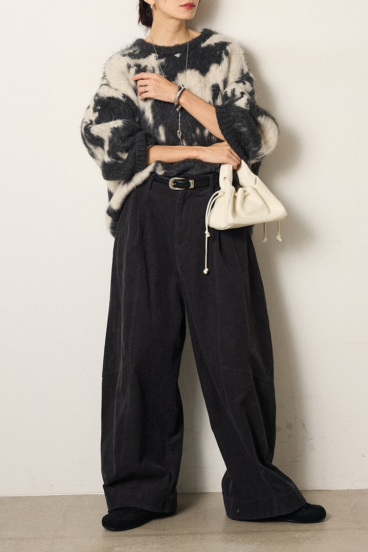 [SET]モヘアタッチマーブルニット+タック入りコーデュロイワイドパンツ(2set)