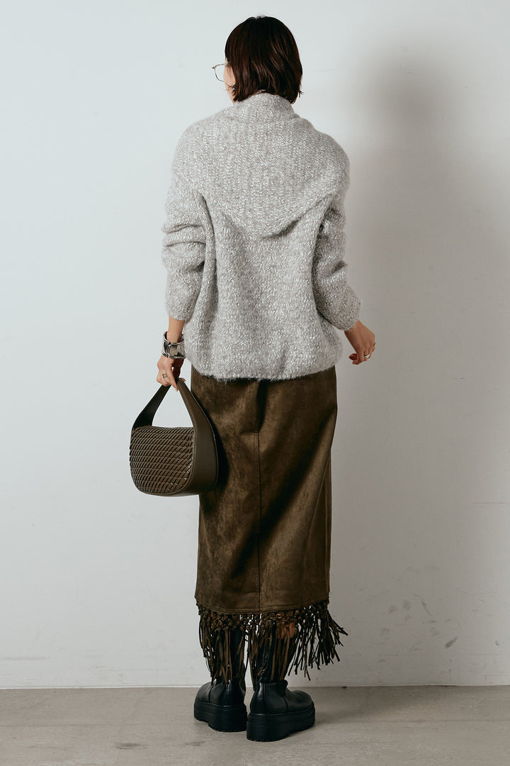 [SET]スカーフ付きミックスニットトップス+スウェードライク裾フリンジスカート(2set)