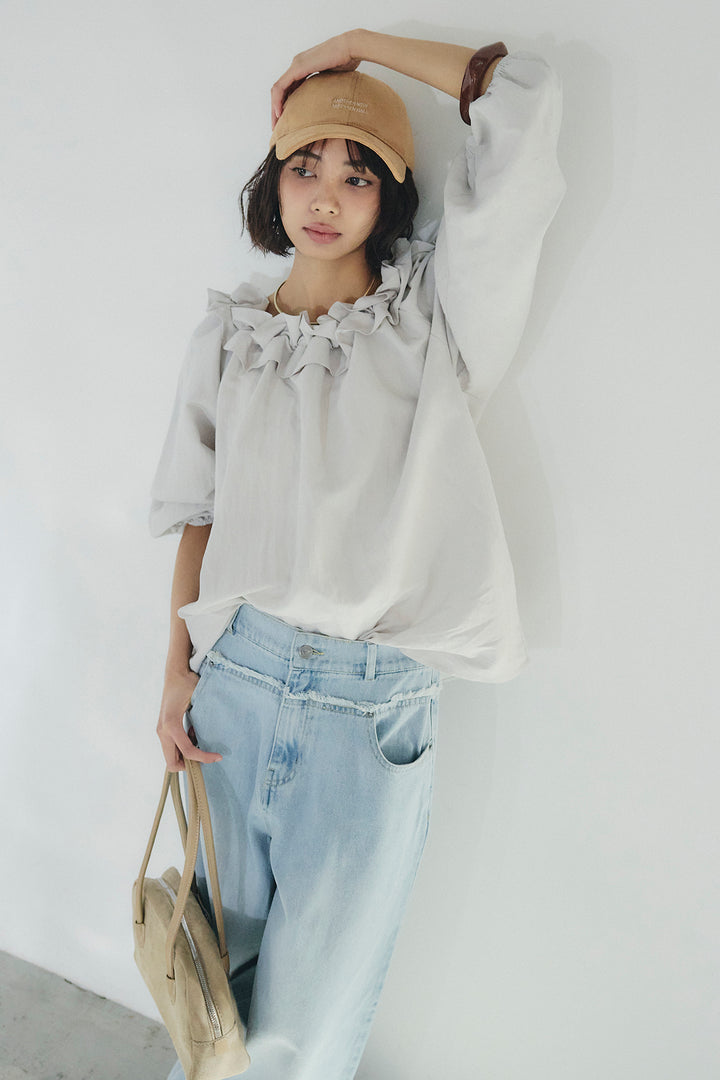 [SET]ネックフリルデザインブラウス+ウエスト裁ち切りデニムワイドパンツ(2set)