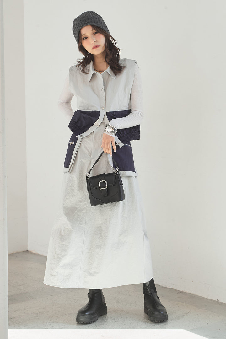 [SET]襟付きナイロンベスト+サイドデザインナイロンスカート(2set)