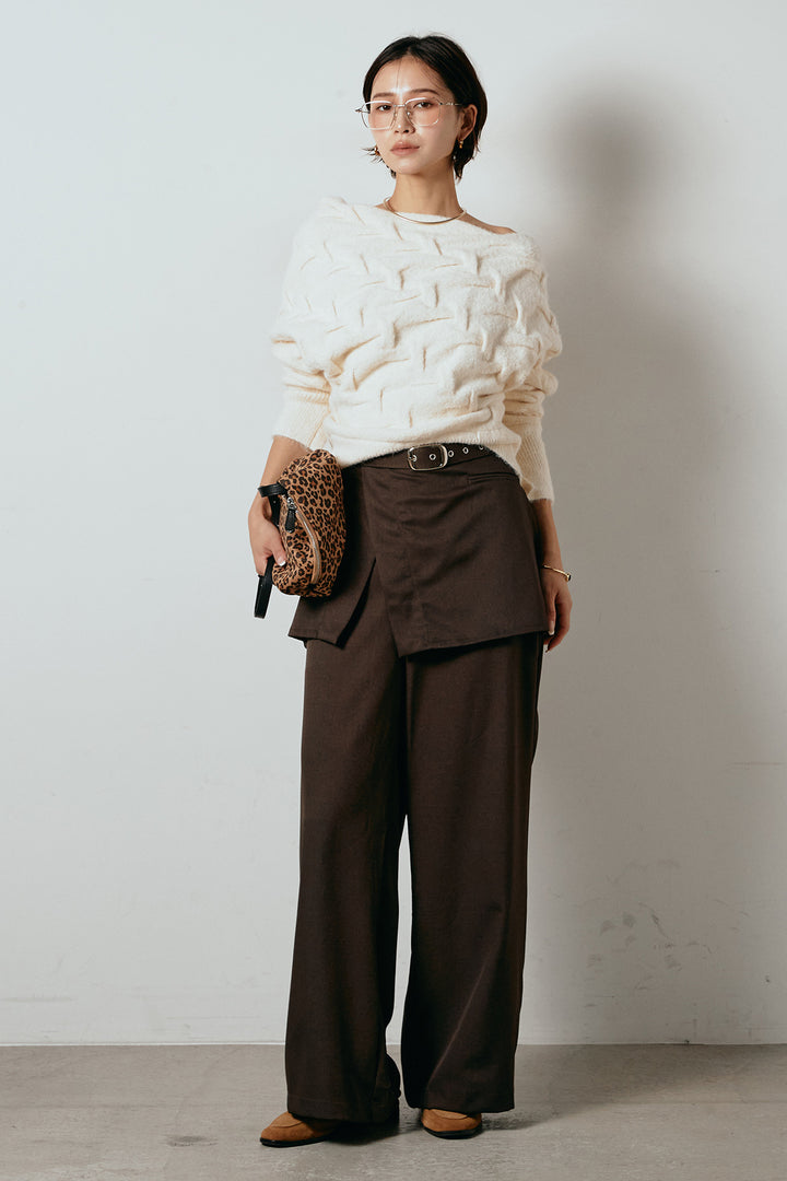 [SET]ボートネックニットトップス+ベルト付きウエストデザインパンツ(2set)