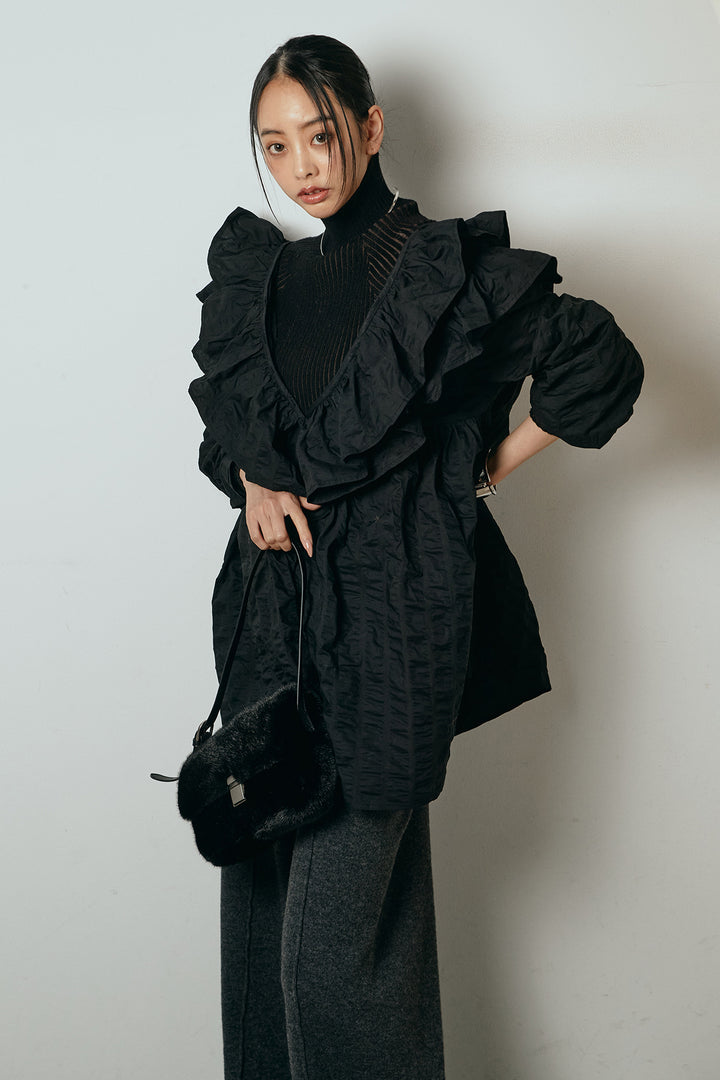 [SET]Vネックフリルカラーブラウス+センターラインニットパンツ(2set)