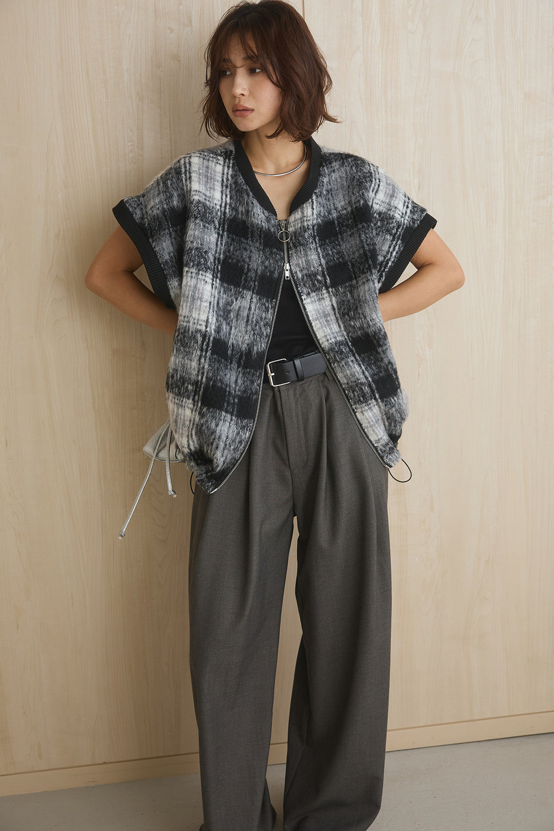 [SET]シャギーチェックベストブルゾン+ウエストベルトデザインパンツ(2set)